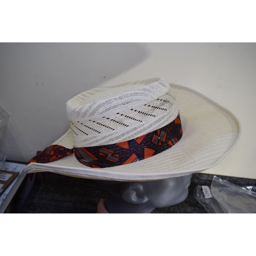 Vintage San Pancho Straw Cowboy Hat Patterned Band Western Style Vented MENS S